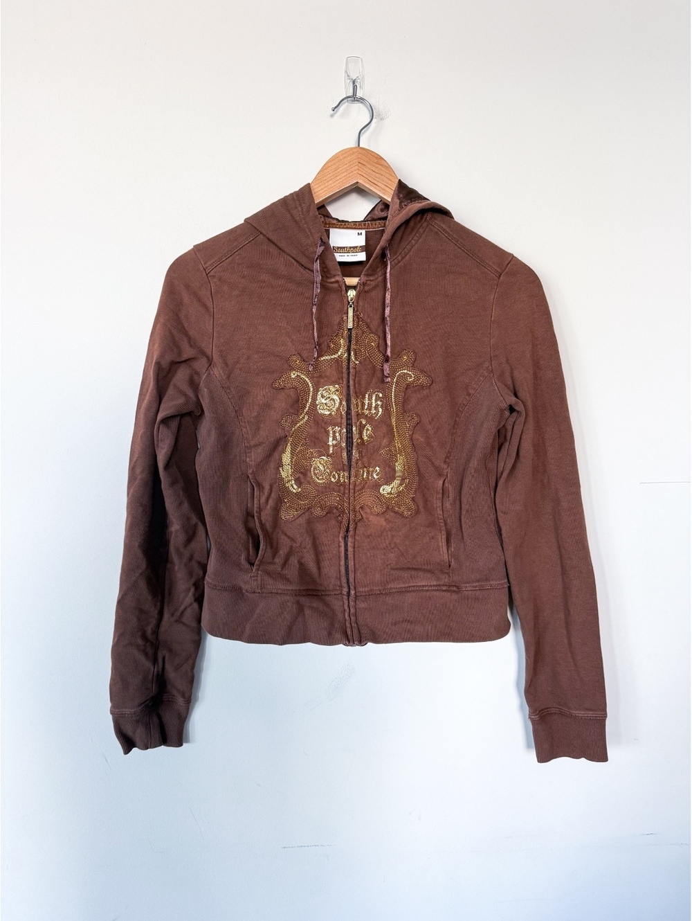 VTG Y2K South Pole Brown Metallic Gold Spell Out Zip Front Hoodie Sweatshirt